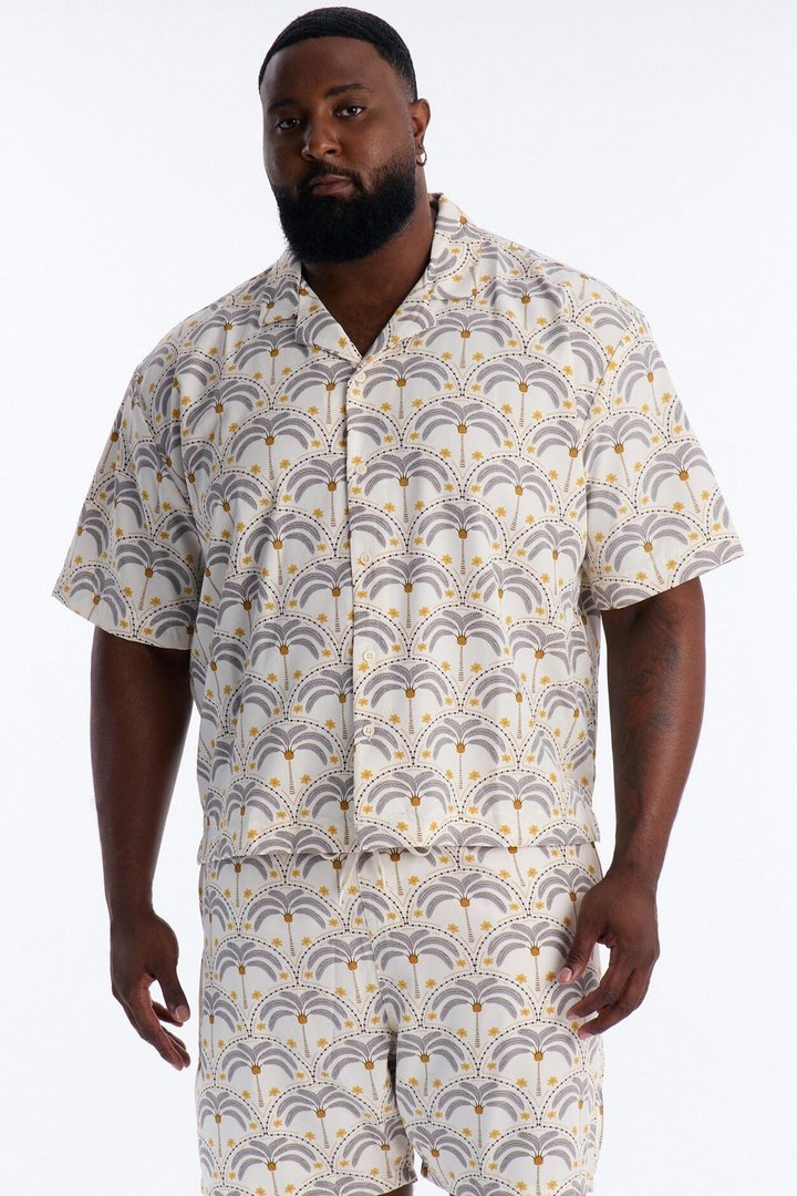 Relaxed Palm Mandala Cuban Collar Button Up Shirt - Cream/combo