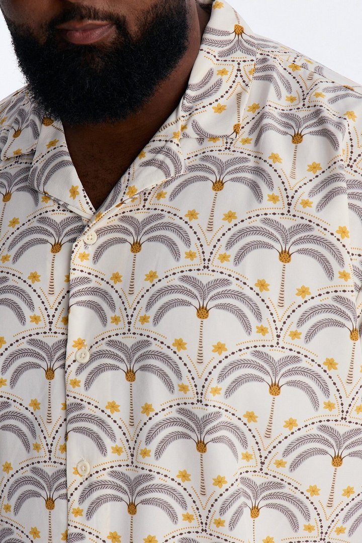 Relaxed Palm Mandala Cuban Collar Button Up Shirt - Cream/combo