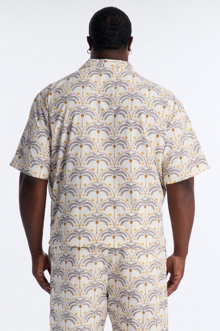 Relaxed Palm Mandala Cuban Collar Button Up Shirt - Cream/combo