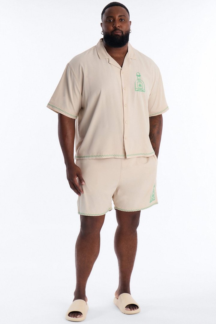Agave Palm Embroidered Cuban Collar Button Up Shirt - Off White