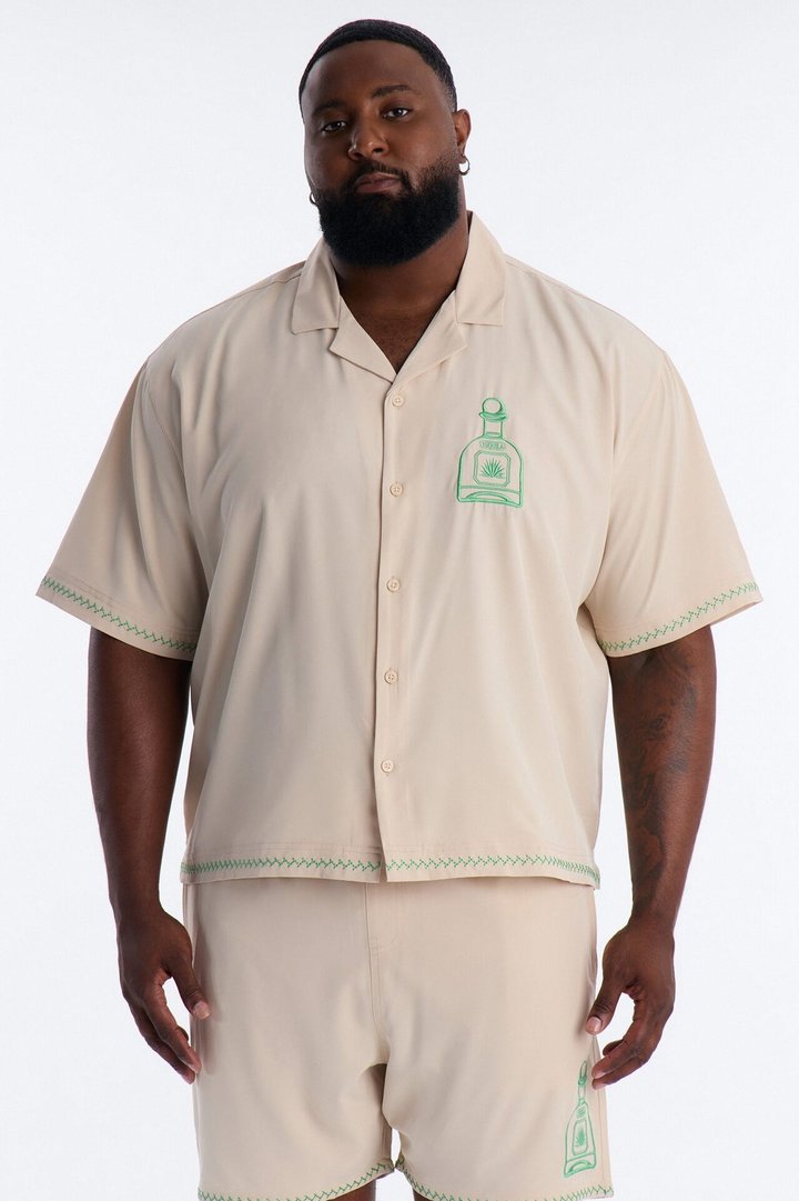 Agave Palm Embroidered Cuban Collar Button Up Shirt - Off White
