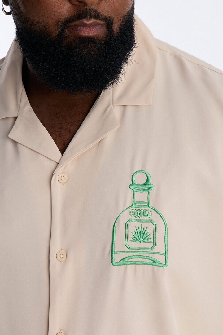 Agave Palm Embroidered Cuban Collar Button Up Shirt - Off White
