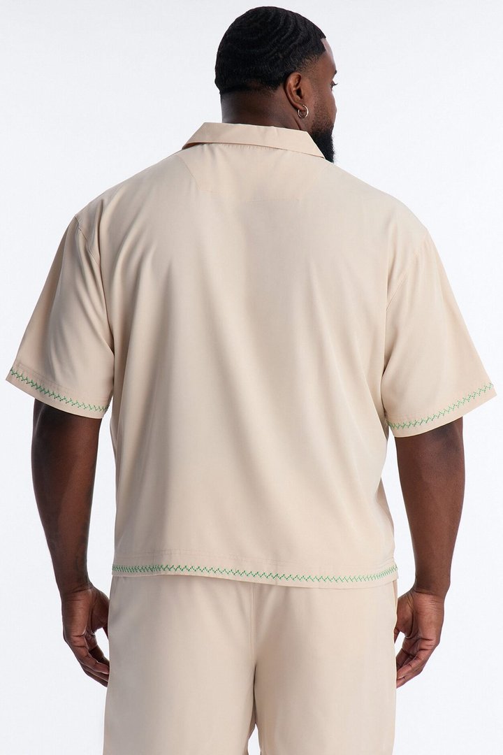 Agave Palm Embroidered Cuban Collar Button Up Shirt - Off White
