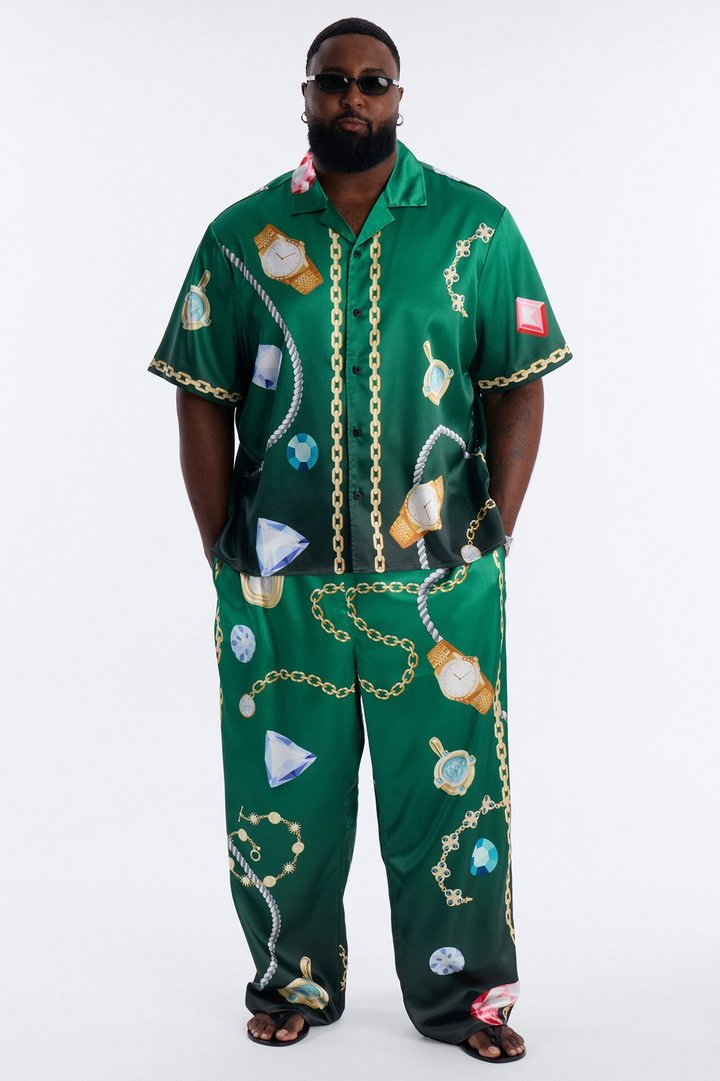 Relaxed Imperial Luxe Jewel Printed Cuban Collar Button Up Shirt - Green/combo
