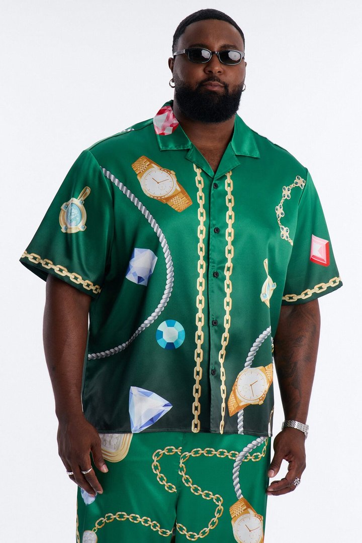 Relaxed Imperial Luxe Jewel Printed Cuban Collar Button Up Shirt - Green/combo