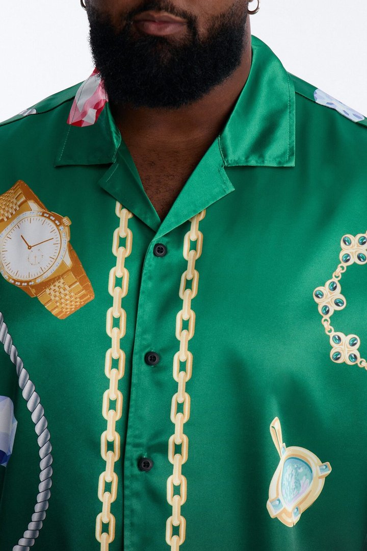 Relaxed Imperial Luxe Jewel Printed Cuban Collar Button Up Shirt - Green/combo