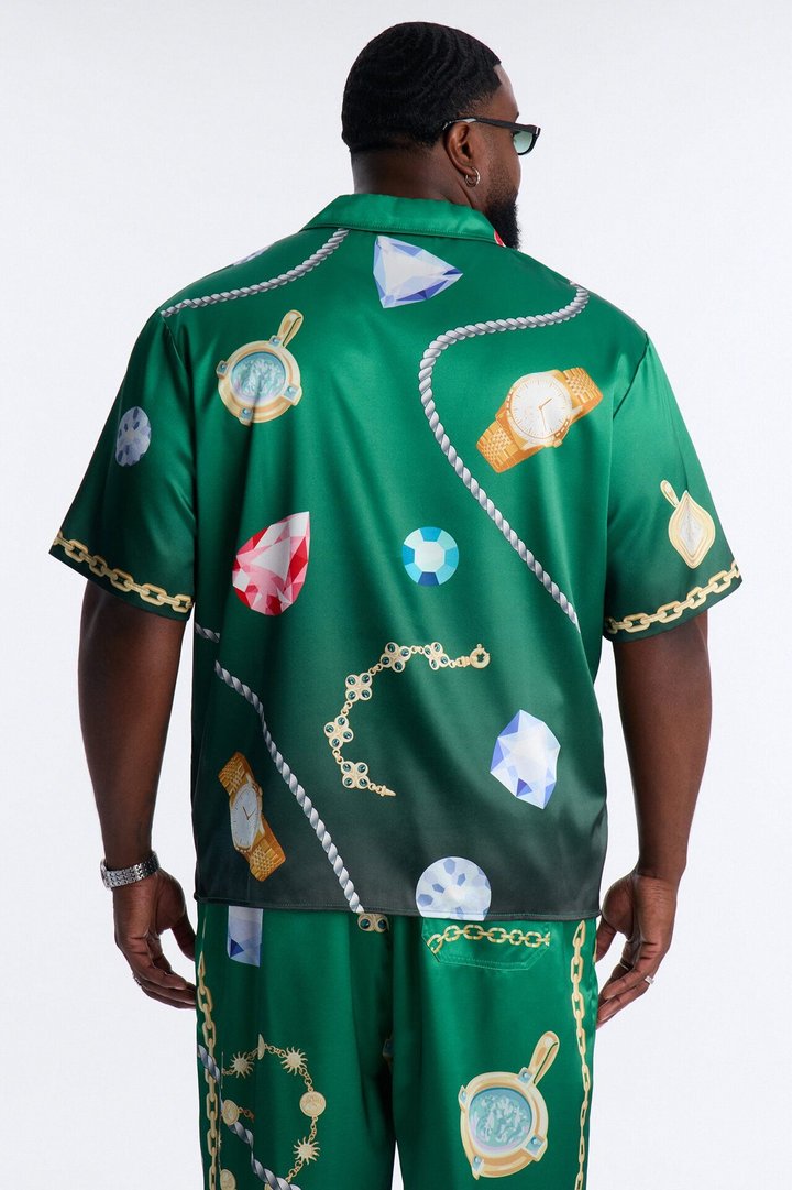 Relaxed Imperial Luxe Jewel Printed Cuban Collar Button Up Shirt - Green/combo