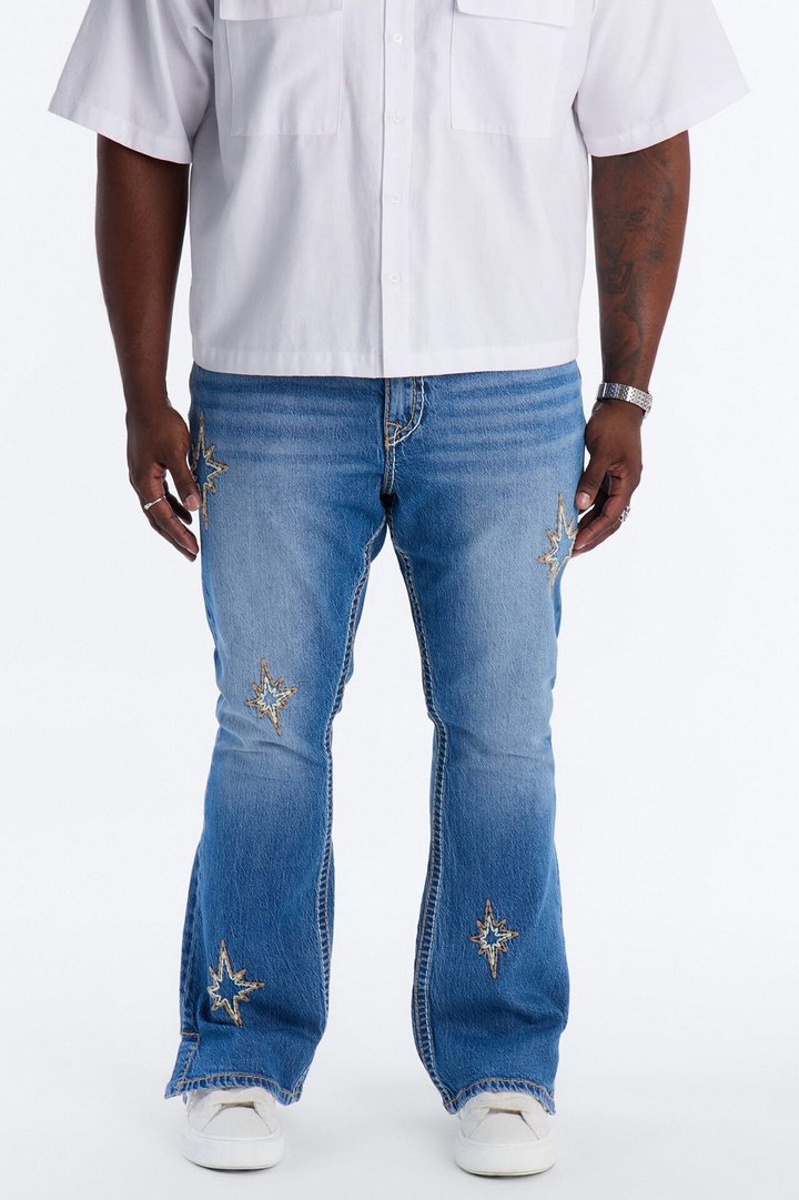 Heavy Stitch Slit Astor Stacked Slim Flare Jean - Medium Blue Wash