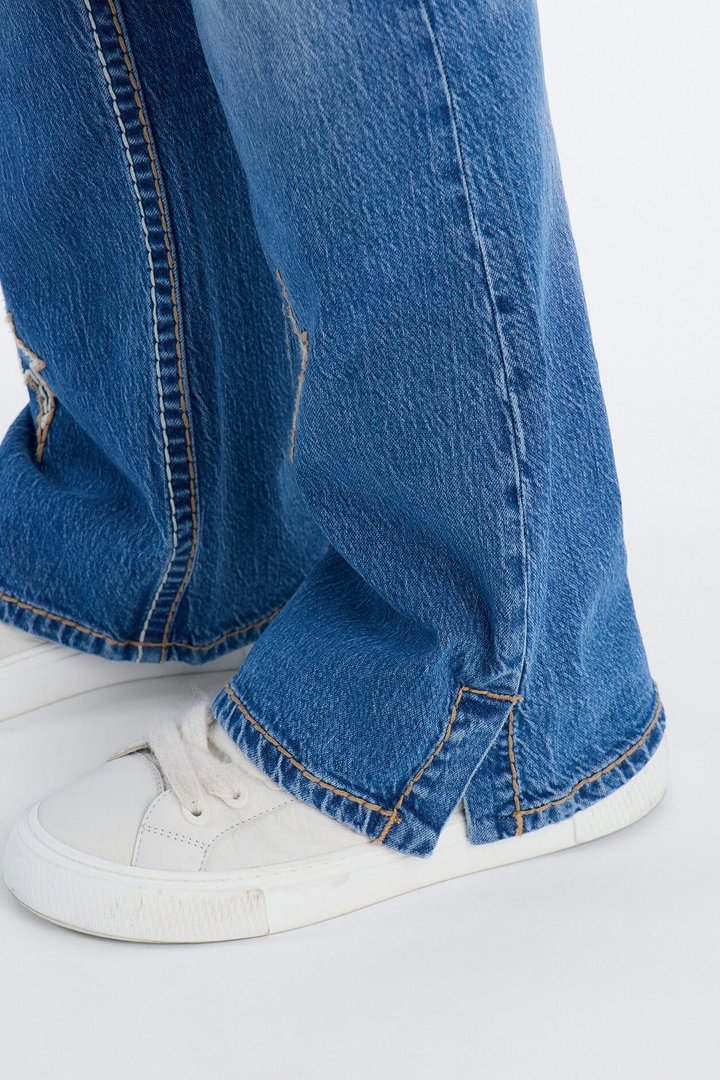 Heavy Stitch Slit Astor Stacked Slim Flare Jean - Medium Blue Wash