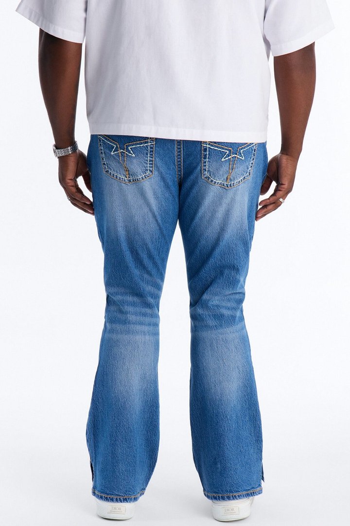 Heavy Stitch Slit Astor Stacked Slim Flare Jean - Medium Blue Wash