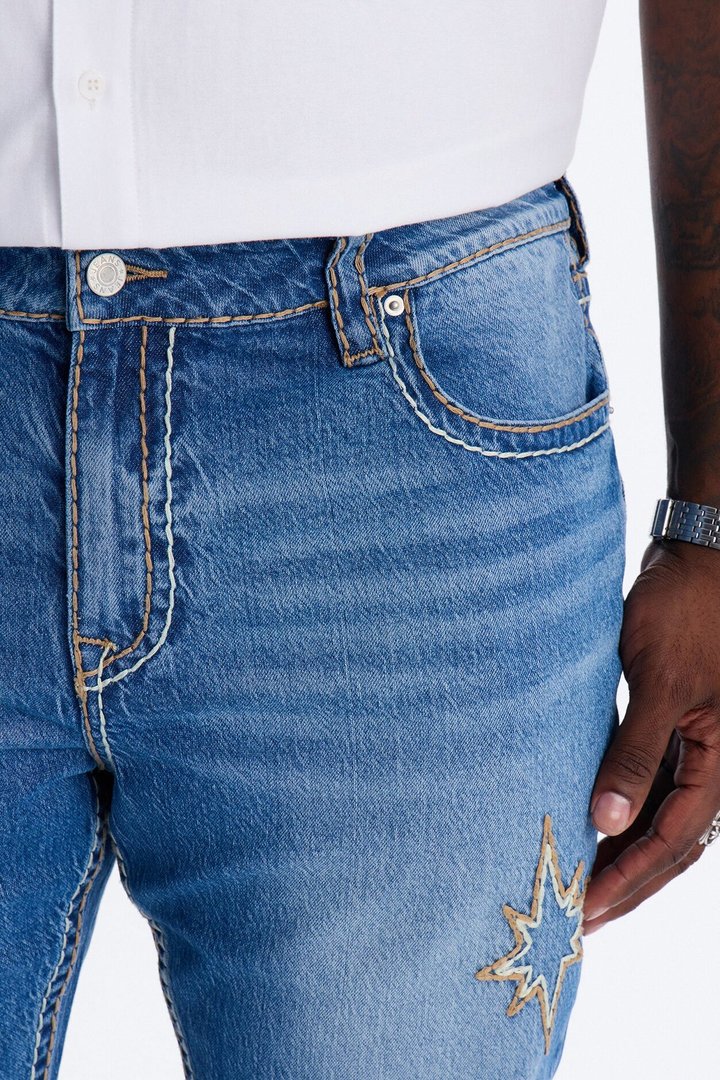 Heavy Stitch Slit Astor Stacked Slim Flare Jean - Medium Blue Wash