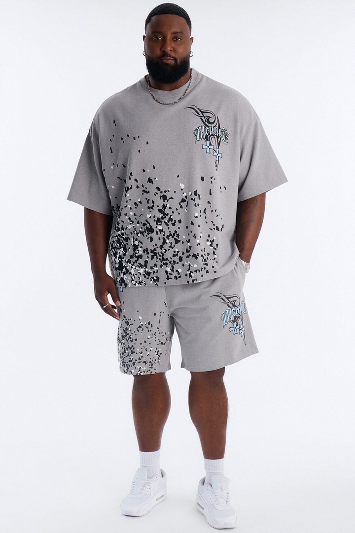 Menace Paint Splatter Embroidered Oversized French Terry Tee - Grey