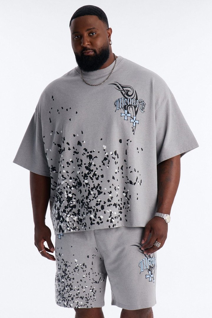 Menace Paint Splatter Embroidered Oversized French Terry Tee - Grey