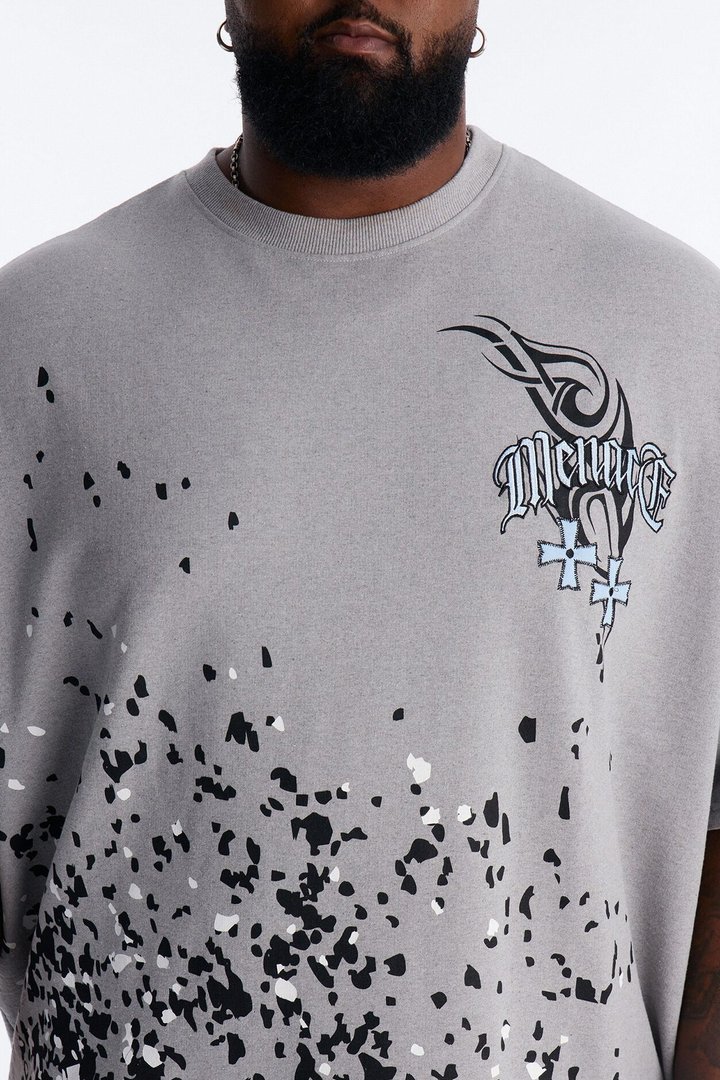 Menace Paint Splatter Embroidered Oversized French Terry Tee - Grey