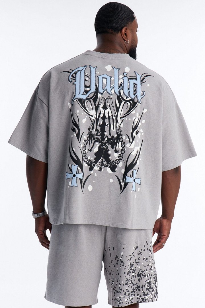 Menace Paint Splatter Embroidered Oversized French Terry Tee - Grey