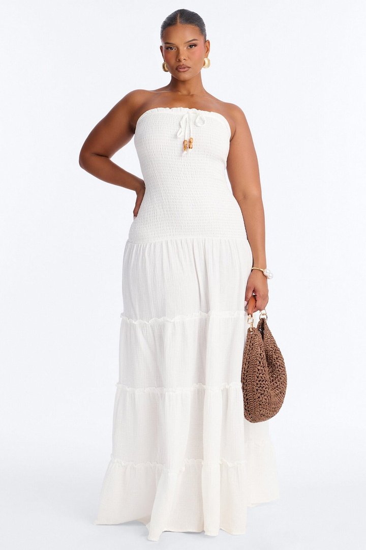 Kellie Smocked Drop Waist Maxi Dress - White