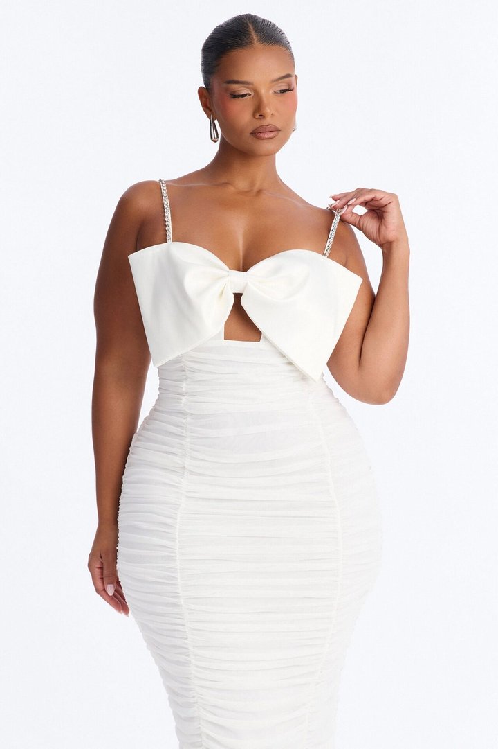 Bordeaux Mesh Midi Dress - White