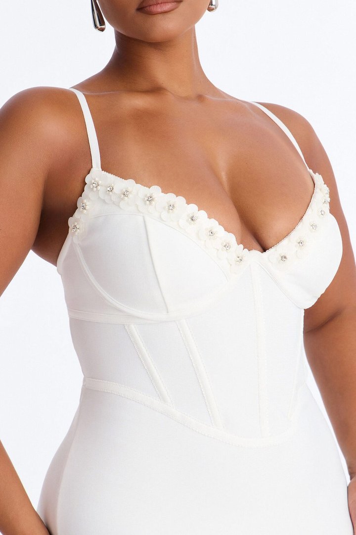 Jasmine Corset Embellished Bandage Midi Dress - White