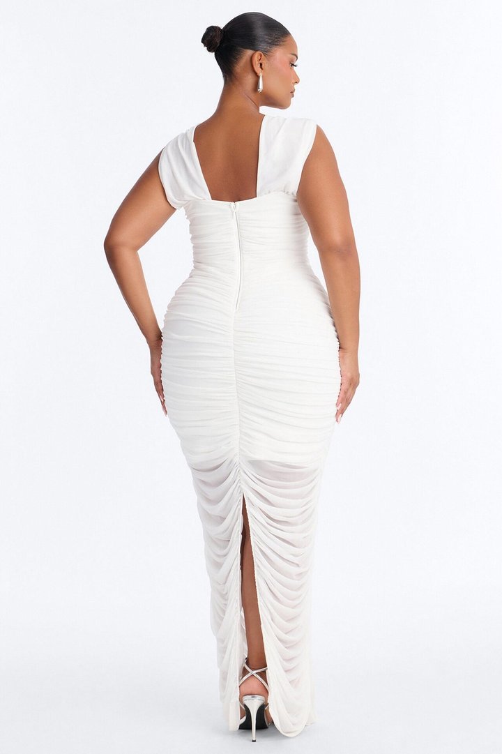 Violette Ruched Mesh Maxi Dress - White