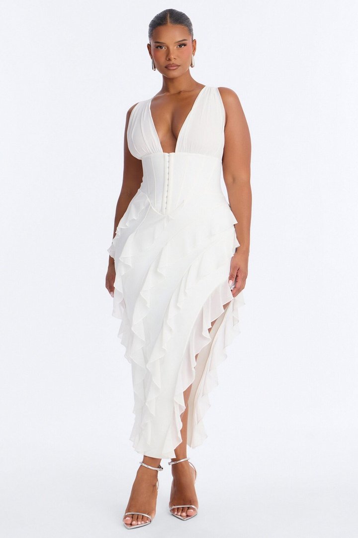 Jocelyn Bandage Ruffle Midi Dress - White