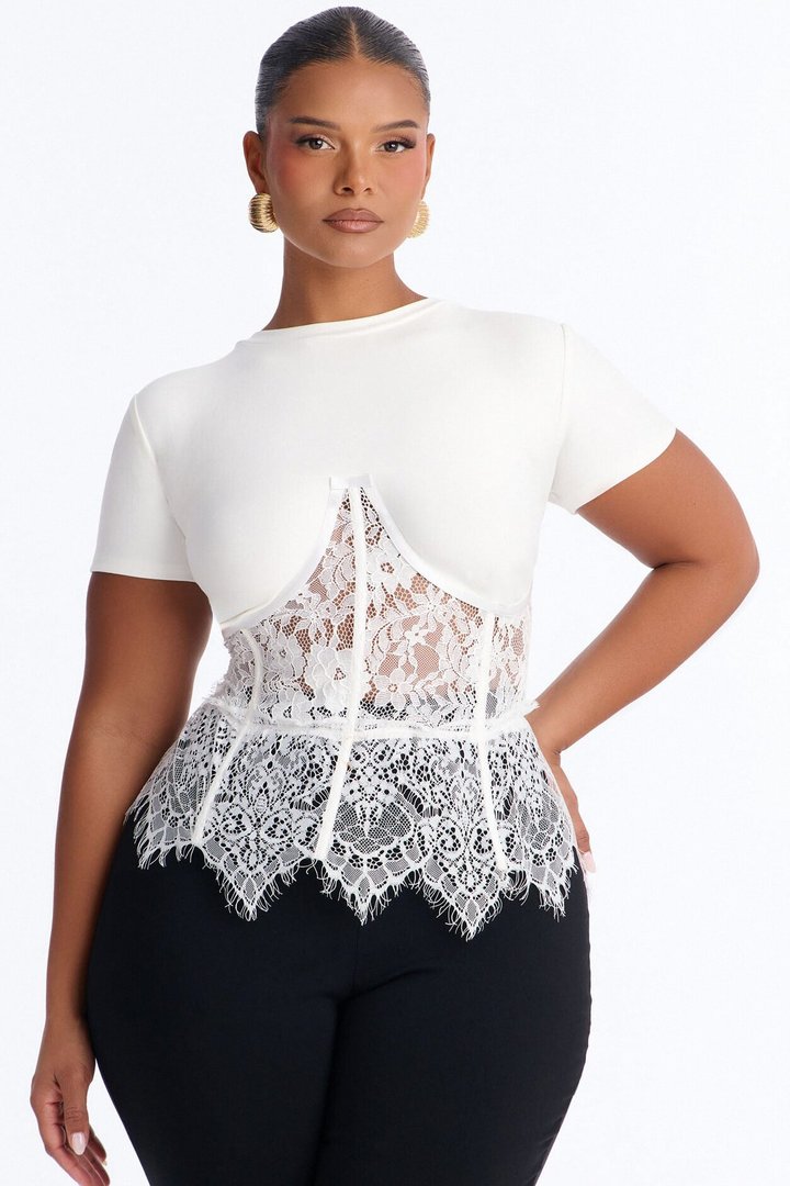 Liana Lace Corset Waist Short Sleeve Top - White