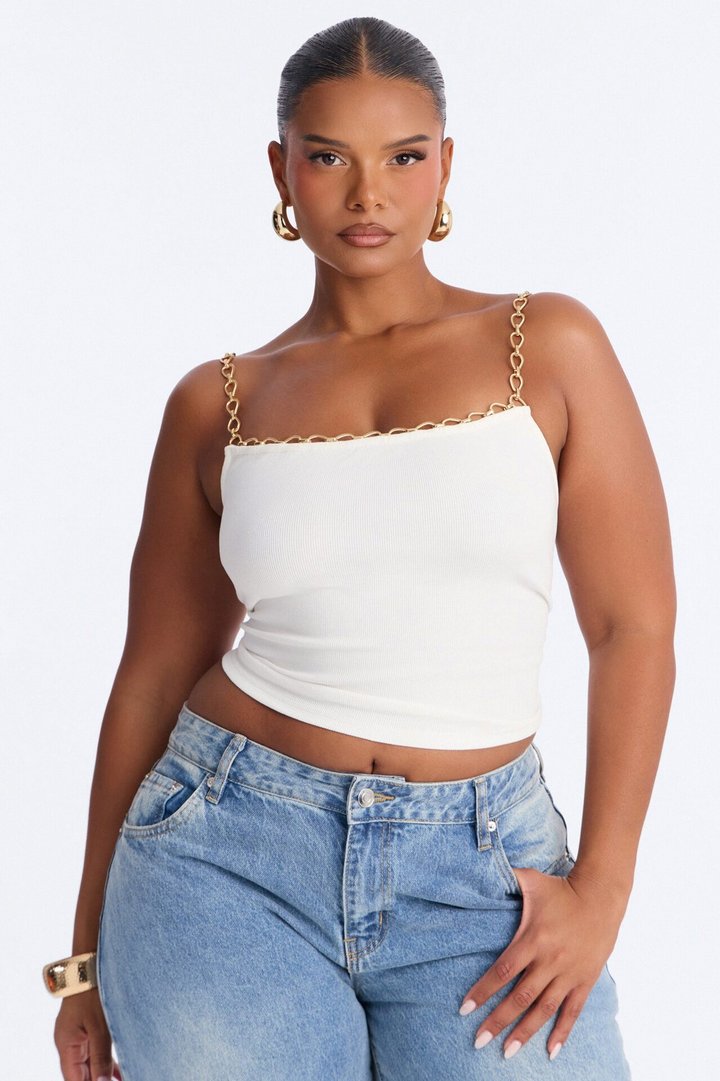 Evelyn Ribbed Chain Strap Tank Top - White