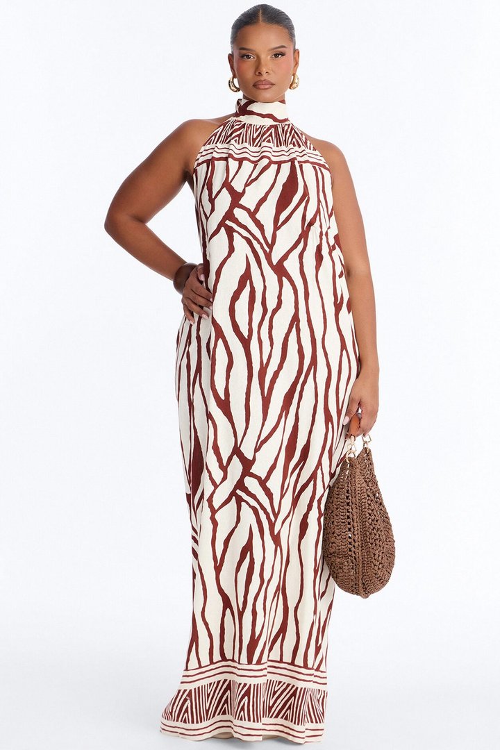 Jazlyn Printed Linen Maxi Dress - Brown/combo