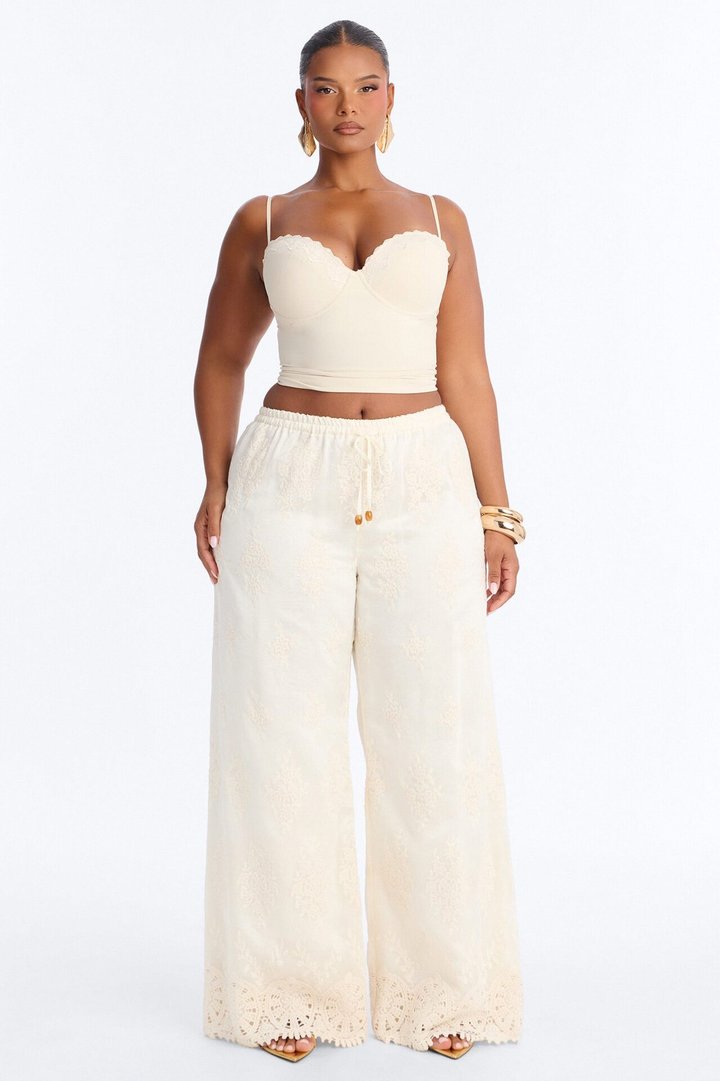 Adriane Embroidered Drawstring Wide Leg Pant - Ivory