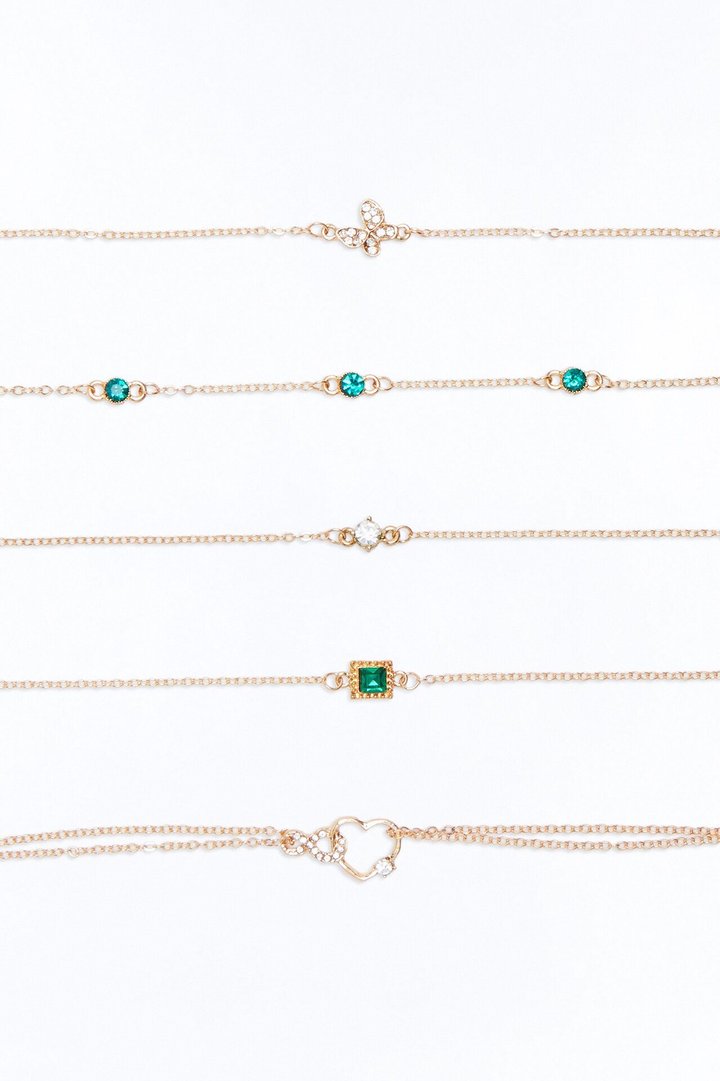 Rekindled 5 Piece Anklet Set - Gold/Green