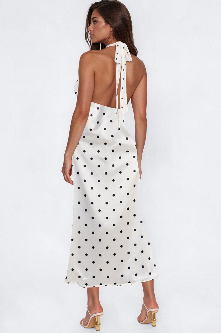 Celeste Satin Polka Dot Midi Dress - White/Black