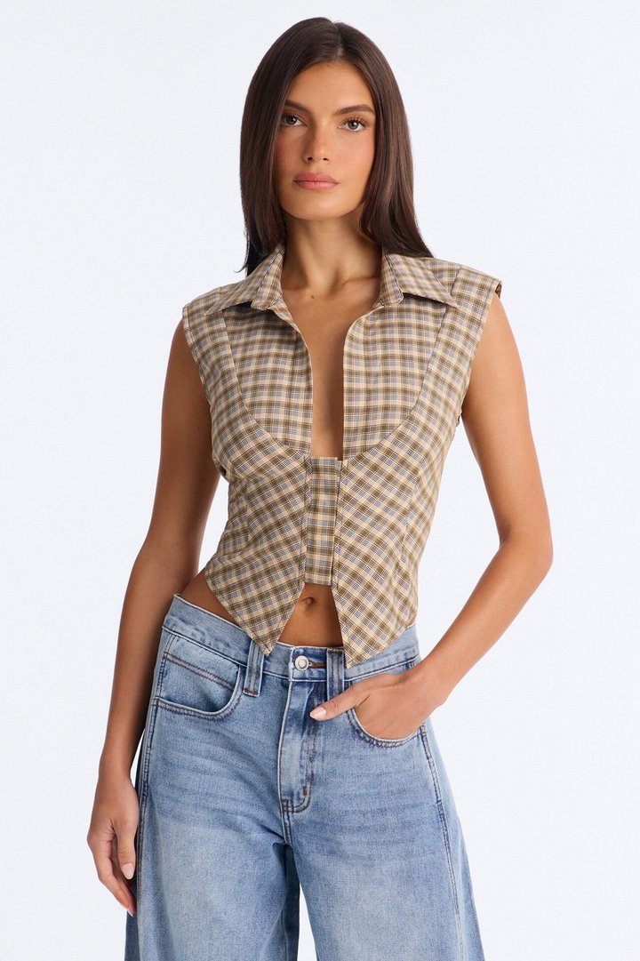 Sharni Plaid Sleeveless Top - Yellow/combo