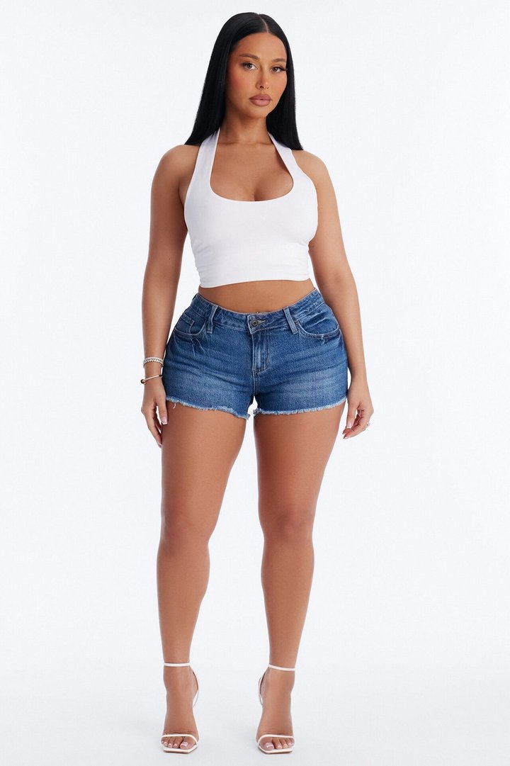 Places To Be Cut Off Stretch Denim Shorts - Dark Wash