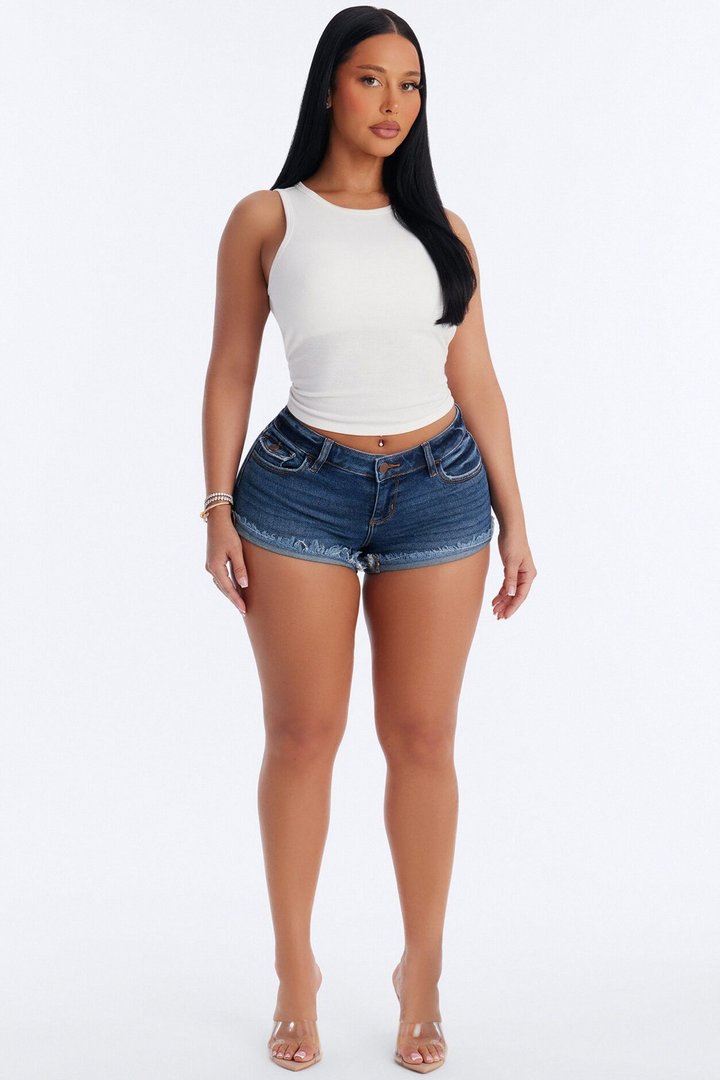 Make Them Look Ultra Low Rise Denim Shorts - Dark Wash
