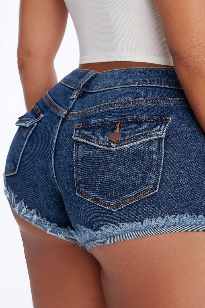 Make Them Look Ultra Low Rise Denim Shorts - Dark Wash