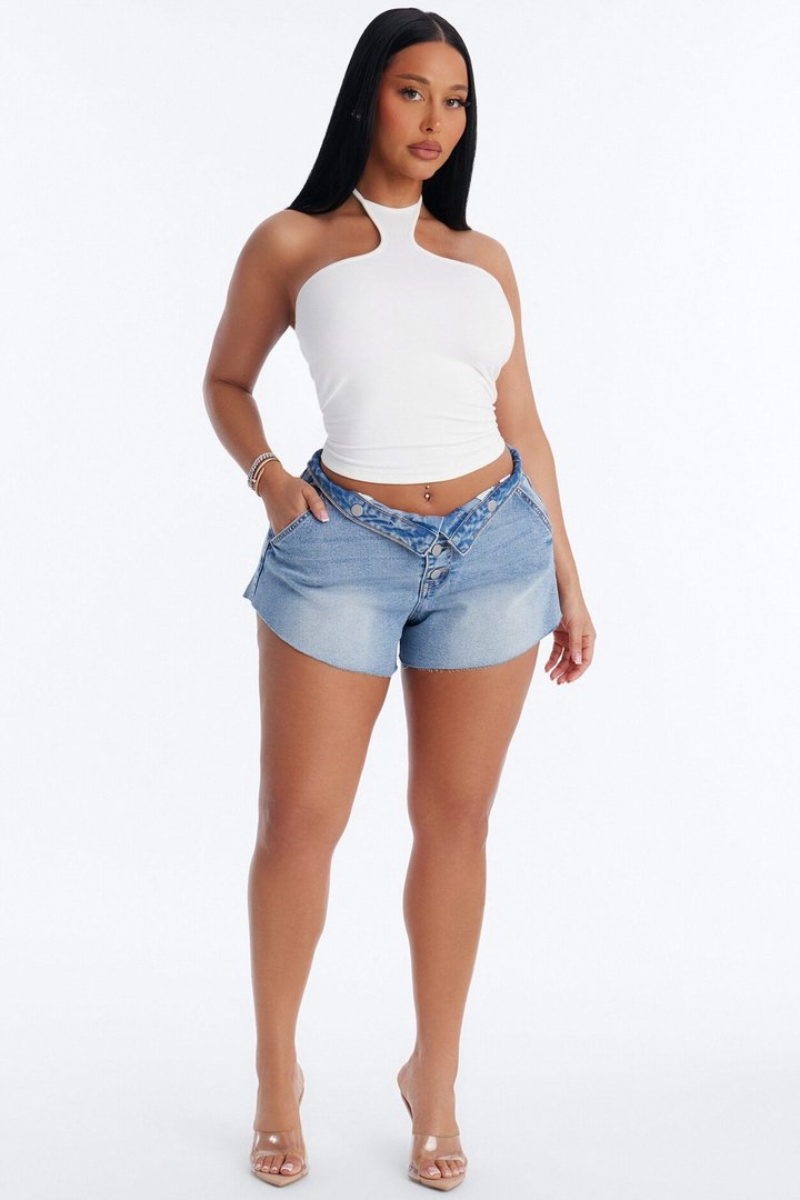 Camden Foldover Waistband Denim Shorts - Medium Wash