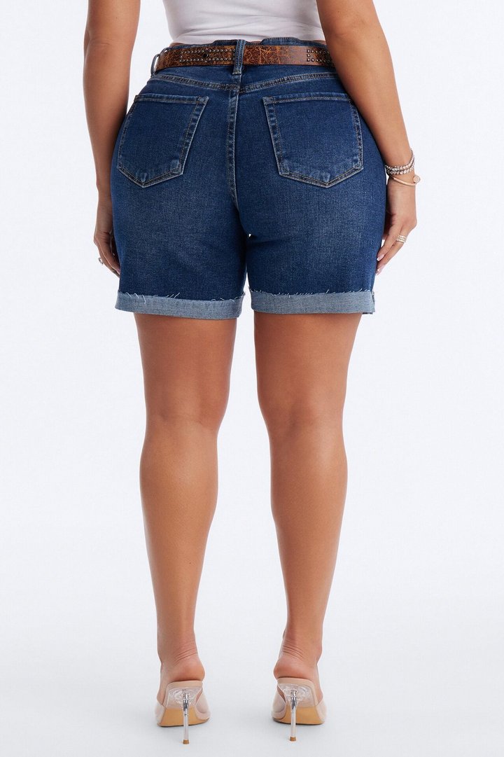 Settle In Belted Stretch Denim Shorts - Dark Wash