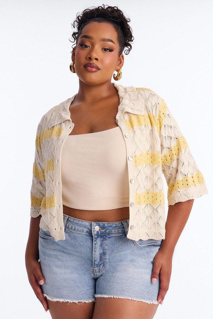 Afternoon Breeze Striped Collared Crochet Top - Yellow/combo