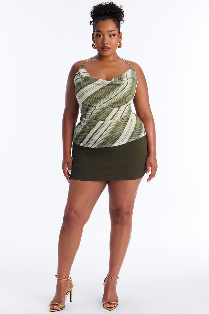 Dylan Striped Mesh Cowl Neck Halter Top - Olive/combo