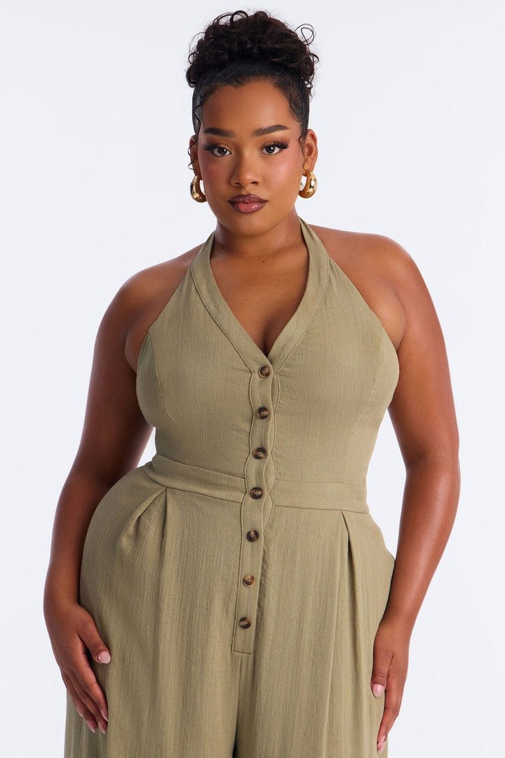 Liana Linen Halter Jumpsuit - Olive