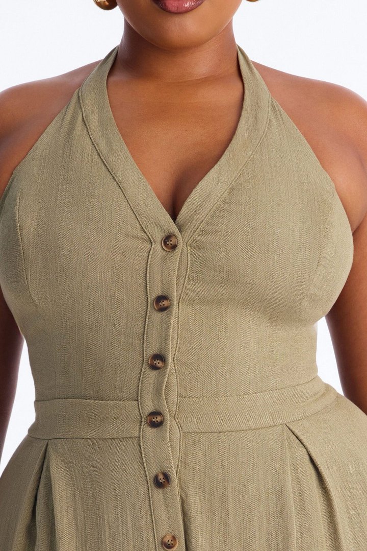Liana Linen Halter Jumpsuit - Olive