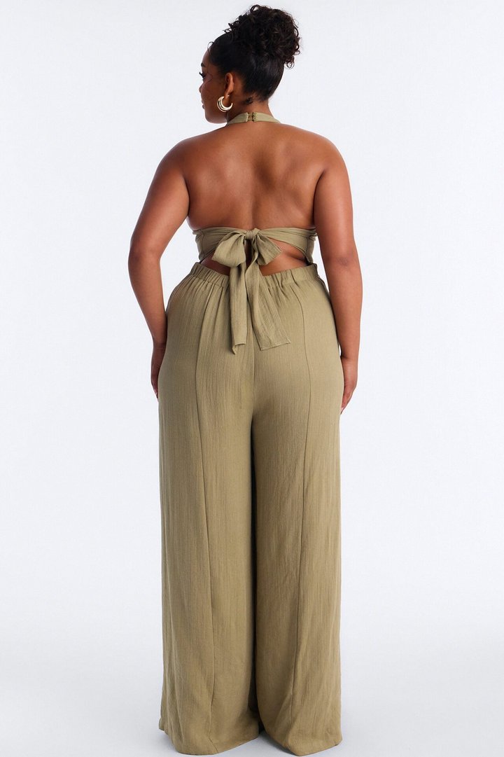 Liana Linen Halter Jumpsuit - Olive