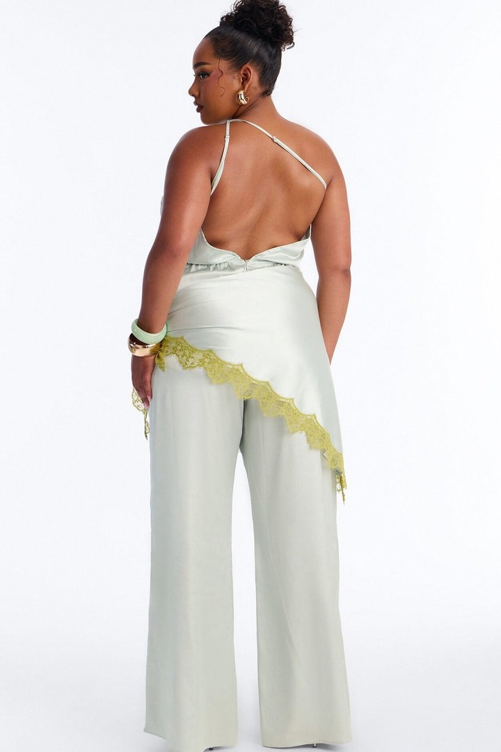 Valeria Satin Waist Scarf Wide Leg Jumpsuit - Mint