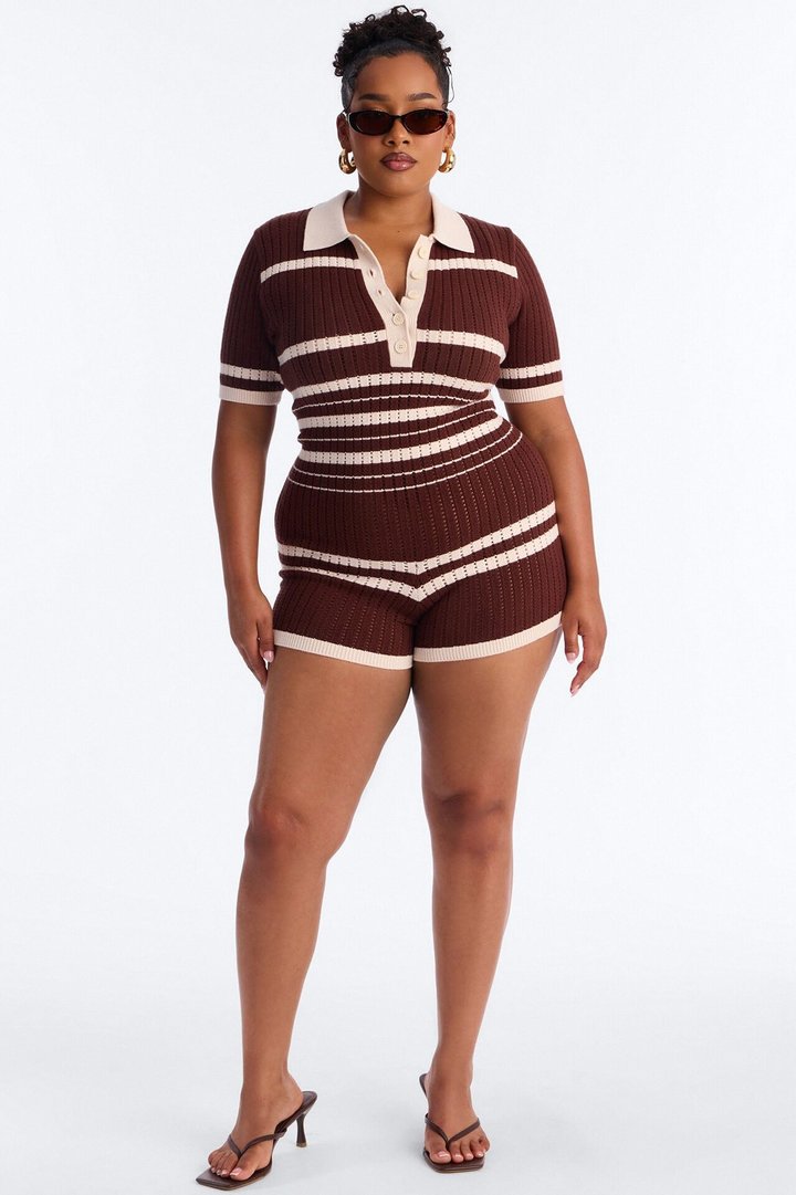 Clementine Crochet Striped Romper - Chocolate/Combo
