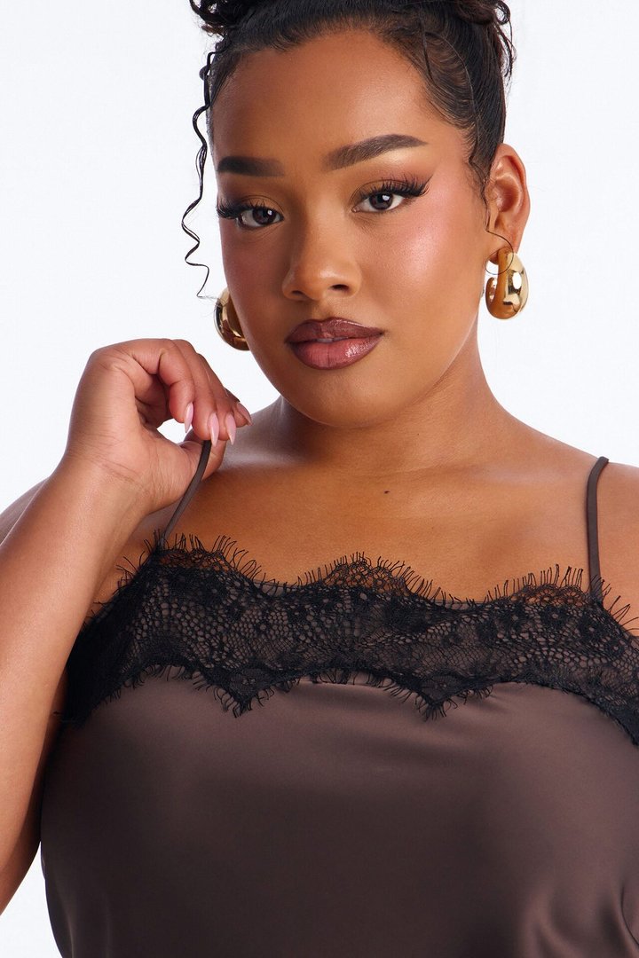Late Night Kiss Satin Midi Skirt Set - Brown