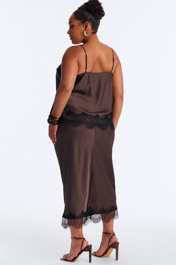 Late Night Kiss Satin Midi Skirt Set - Brown