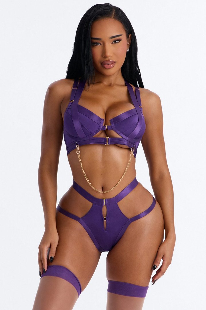 Vivi Satin Strappy 3 Piece Bra And Panty Thigh High Set - Purple
