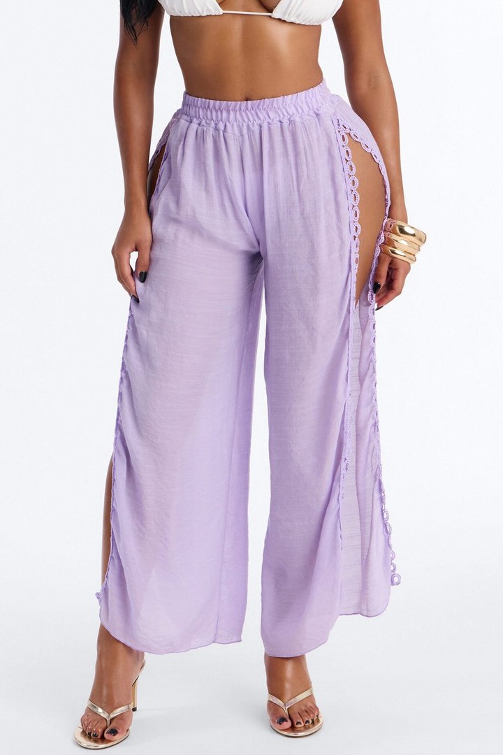 Beachside Breeze Linen High Side Slit Cover Up Pants - Lavender