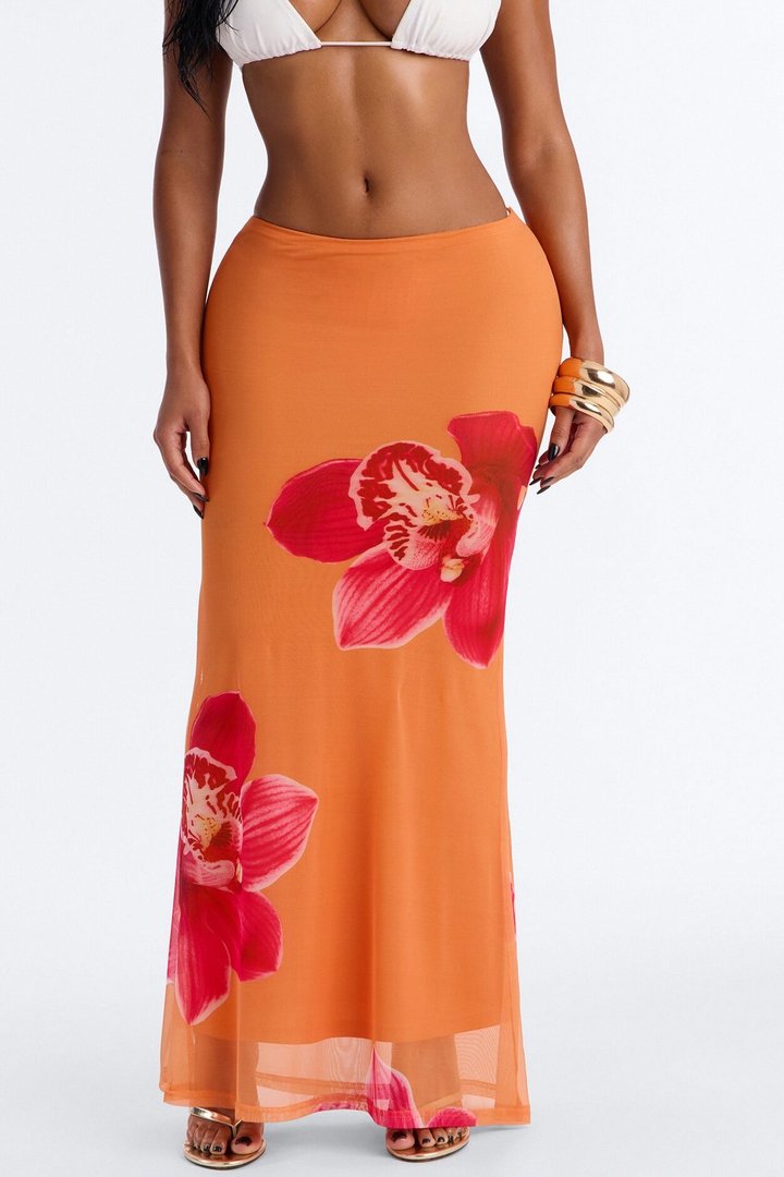 Summer Floral Mesh Maxi Skirt - Orange/combo