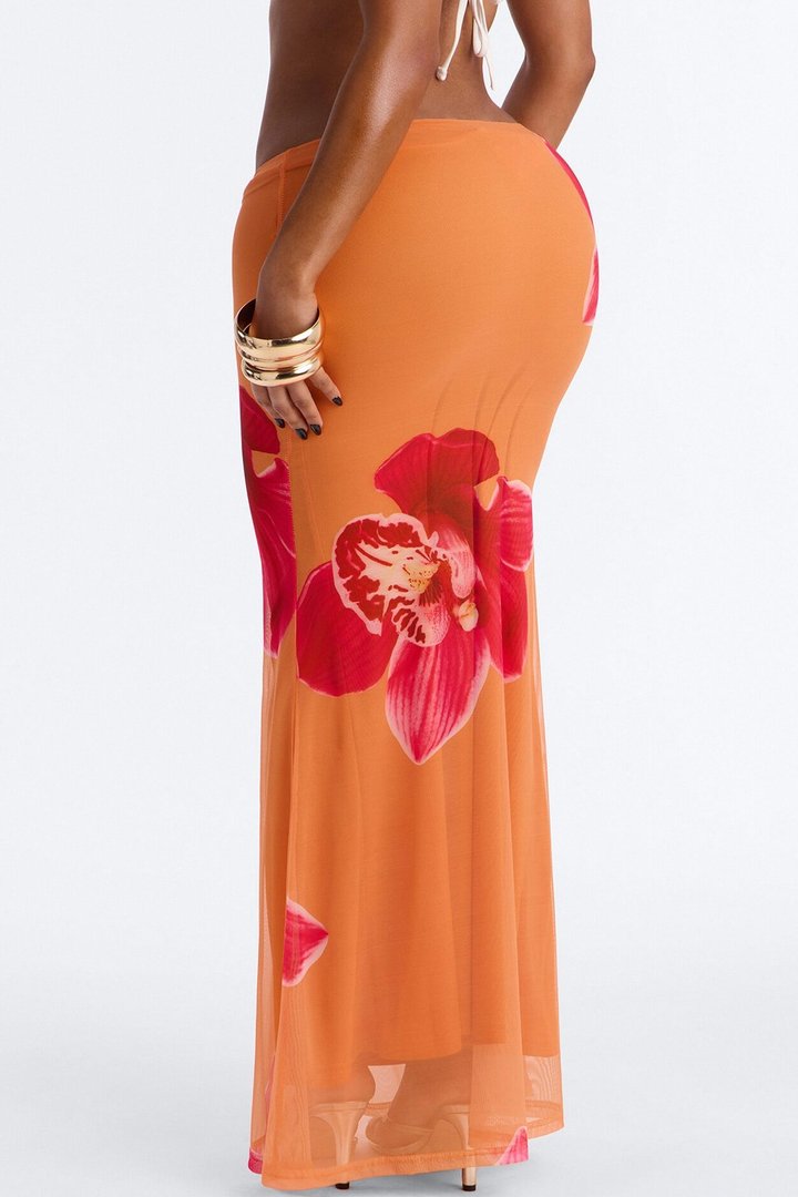 Summer Floral Mesh Maxi Skirt - Orange/combo
