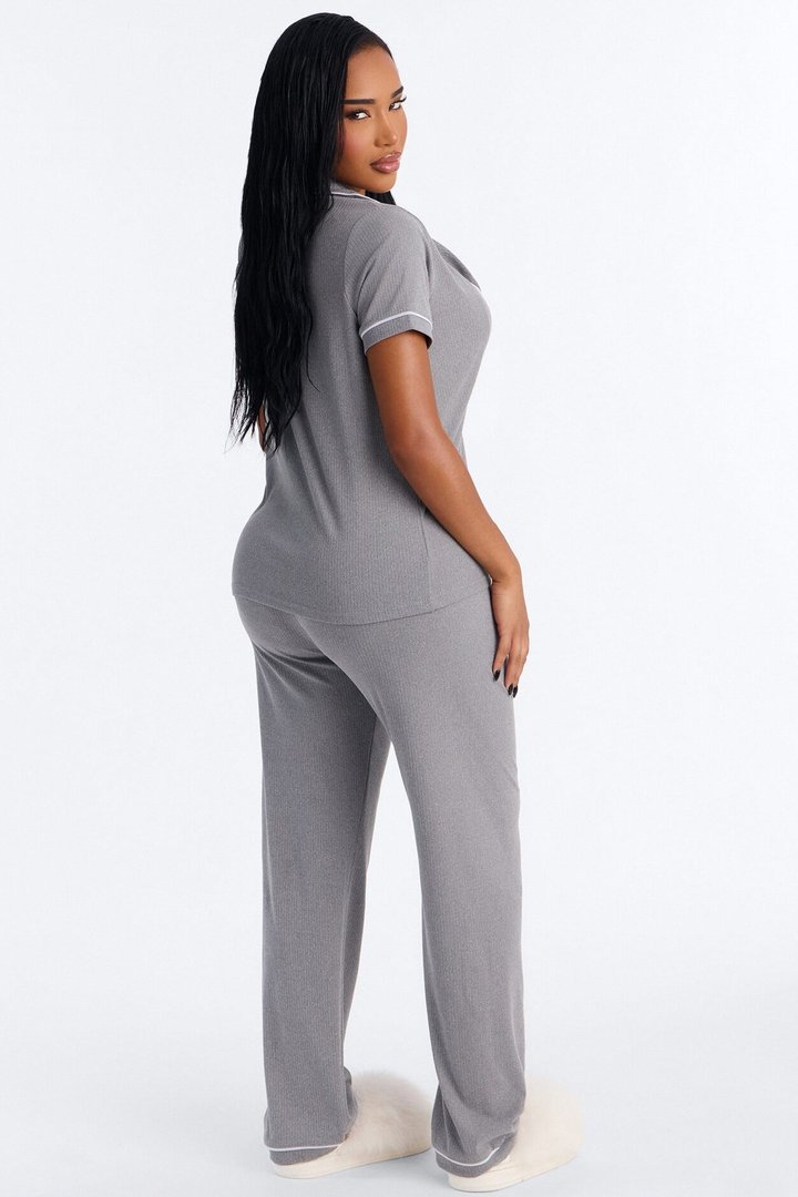 Chill Vibes Only Ribbed PJ Pant Set - Charcoal